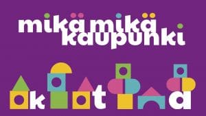 Mikä-mikä-kaupungin logo ja värikkäitä palikoita violetilla taustalla.